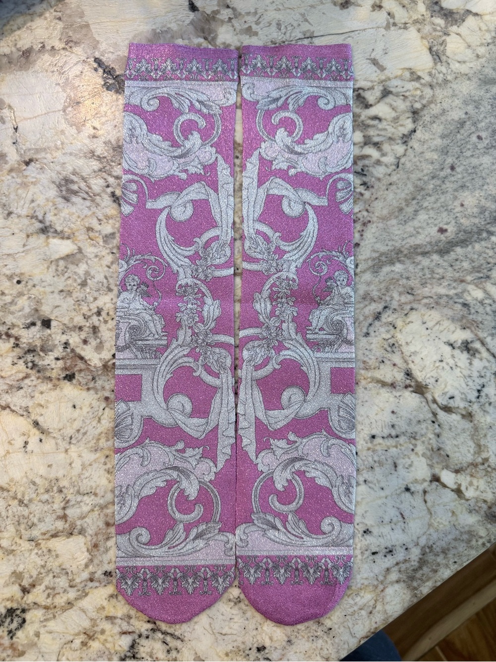 Versace Pink and Silver Baroque Knit Socks